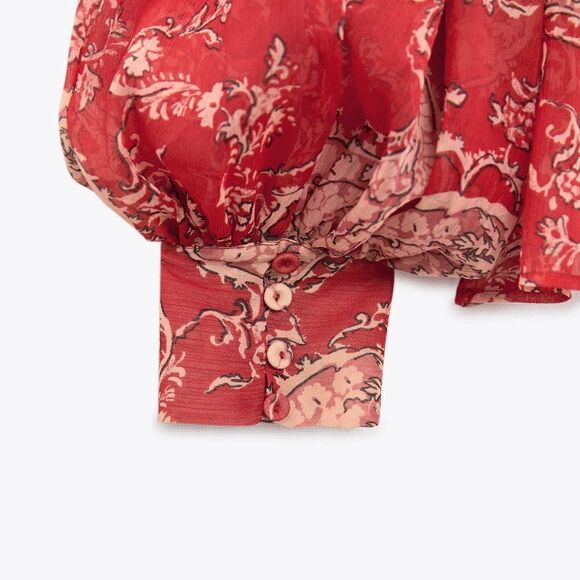 ZARA Chiffon Blouse Floral Print Balloon Sleeves New - Picture 2 of 9